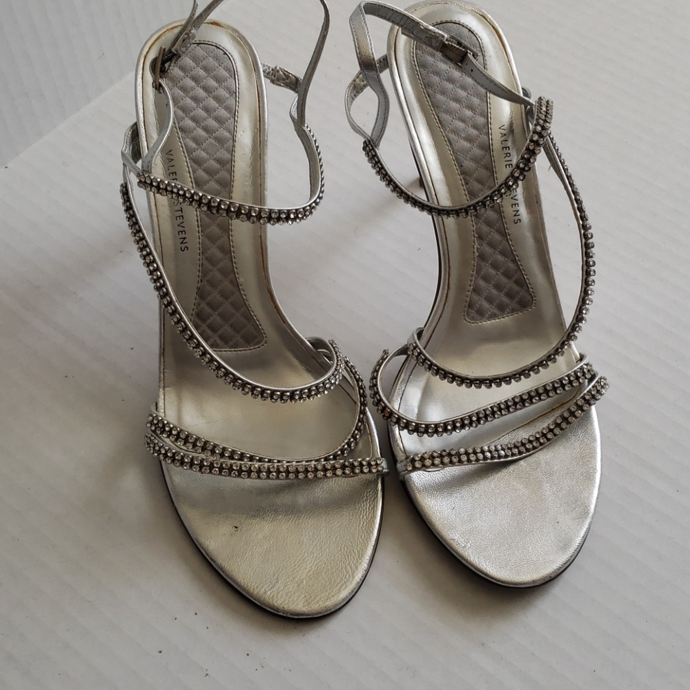 Valerie Steven's silver strappy sandal with heel